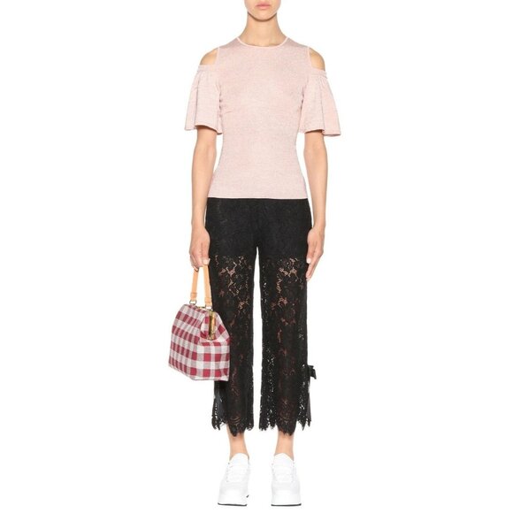 NWOT GANNI Romilly Pink Rose Metallic Knit Ruffle Cold Shoulder Blouse, Size M - Picture 1 of 12